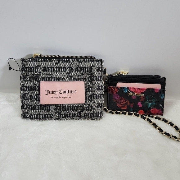 Juicy Couture Handbags - Juicy Culture Black Beige Floral Wristlet Credit Card Key Chain 2 Piece Set NWT